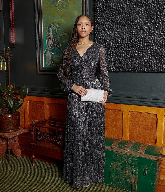 Ignite Evenings Shimmer Bodre Surplice Neck Long Sleeve Ruched Waist A-Line Dress Product Image