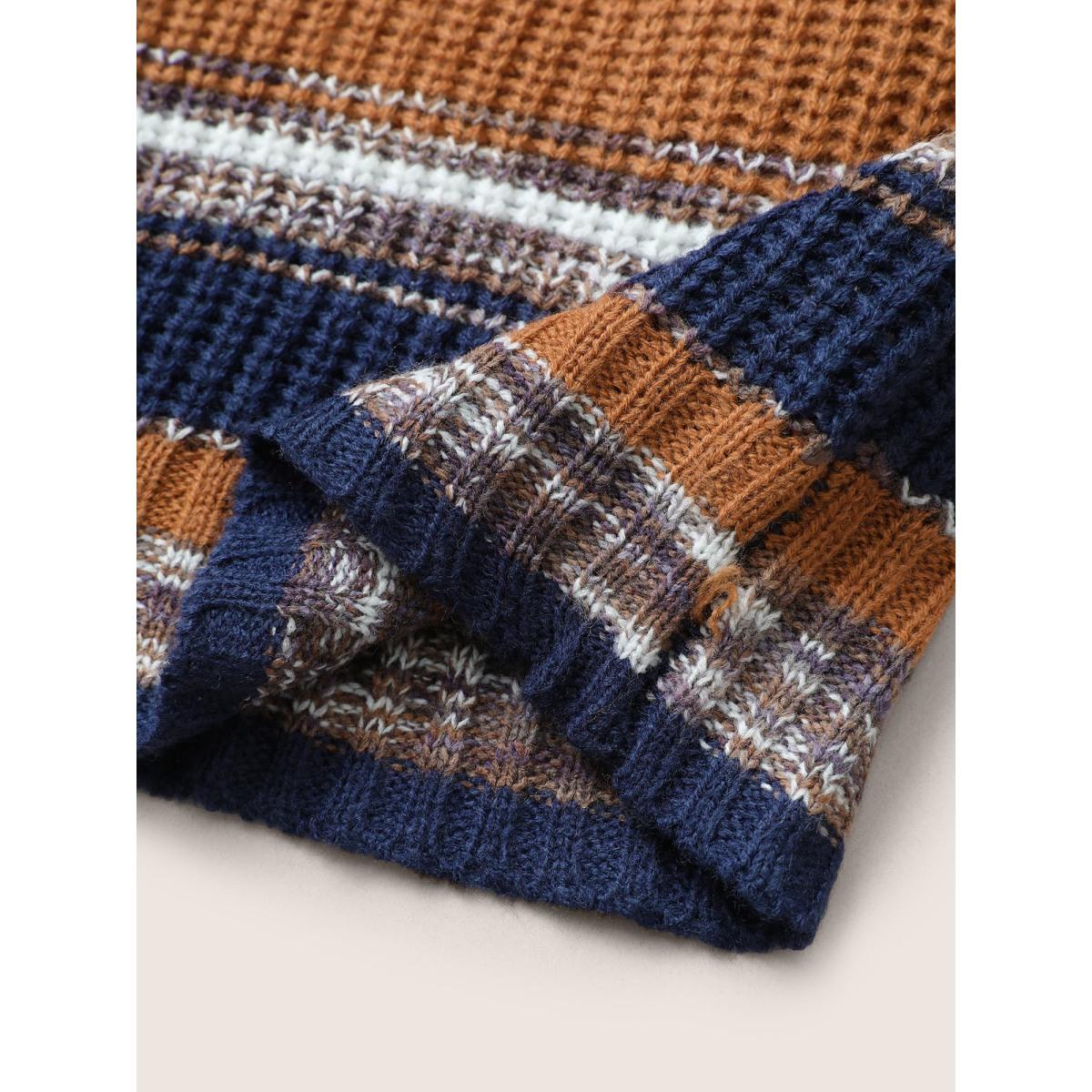 Plus Size Striped Colorblock Contrast Heather Patchwork Pullover Chocolate Women Casual Loose Long Sleeve V-neck Dailywear Pullovers BloomChic 12/L Product Image