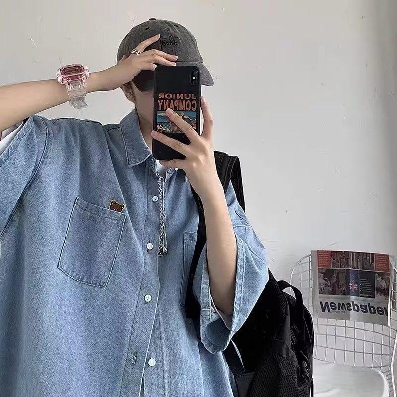 Elbow Sleeve Collared Washed Denim Shirt Product Image