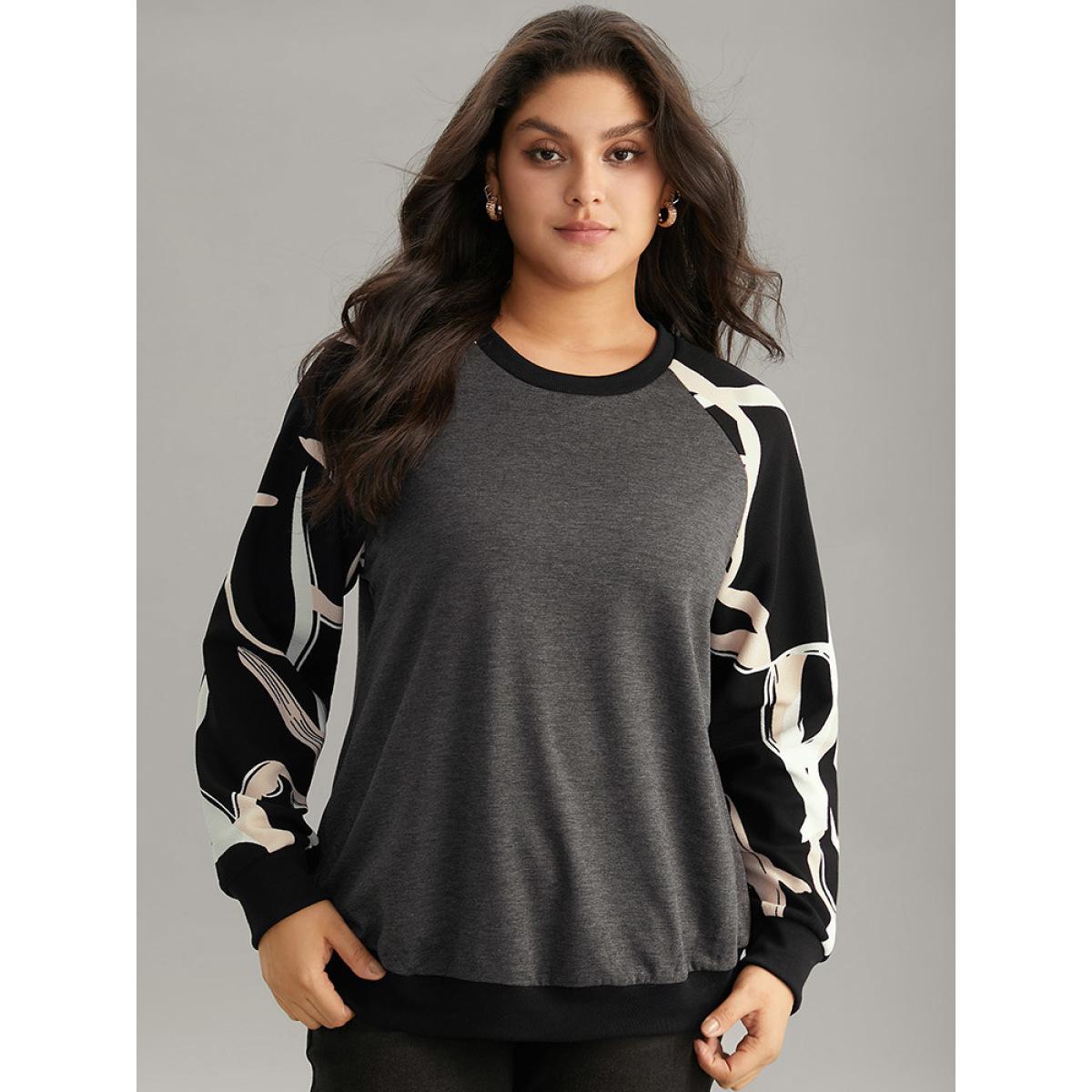 Plus Size Graphic Print Raglan Sleeve Elastic Cuffs Sweatshirt Women Black Casual Rib Knit Round Neck Dailywear Sweatshirts BloomChic 30/6X Product Image