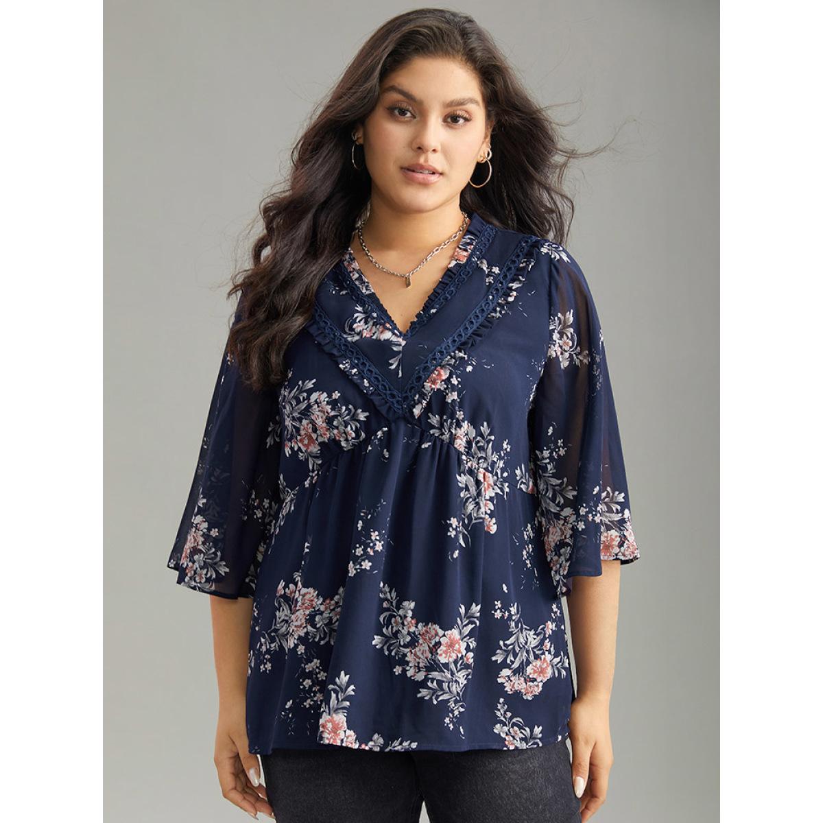 Plus Size Indigo Chiffon Floral Print Frill Trim Ruffle Blouse Women Elegant Half Sleeve V-neck Dailywear Blouses BloomChic 10/M Product Image