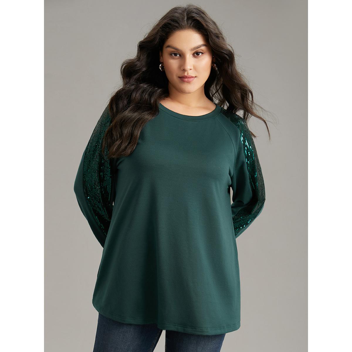 Plus Size Solid Sequin Patchwork Raglan Sleeve Sweatshirt Women DarkGreen Elegant Elastic cuffs Round Neck Dailywear Sweatshirts BloomChic 26/4X Product Image