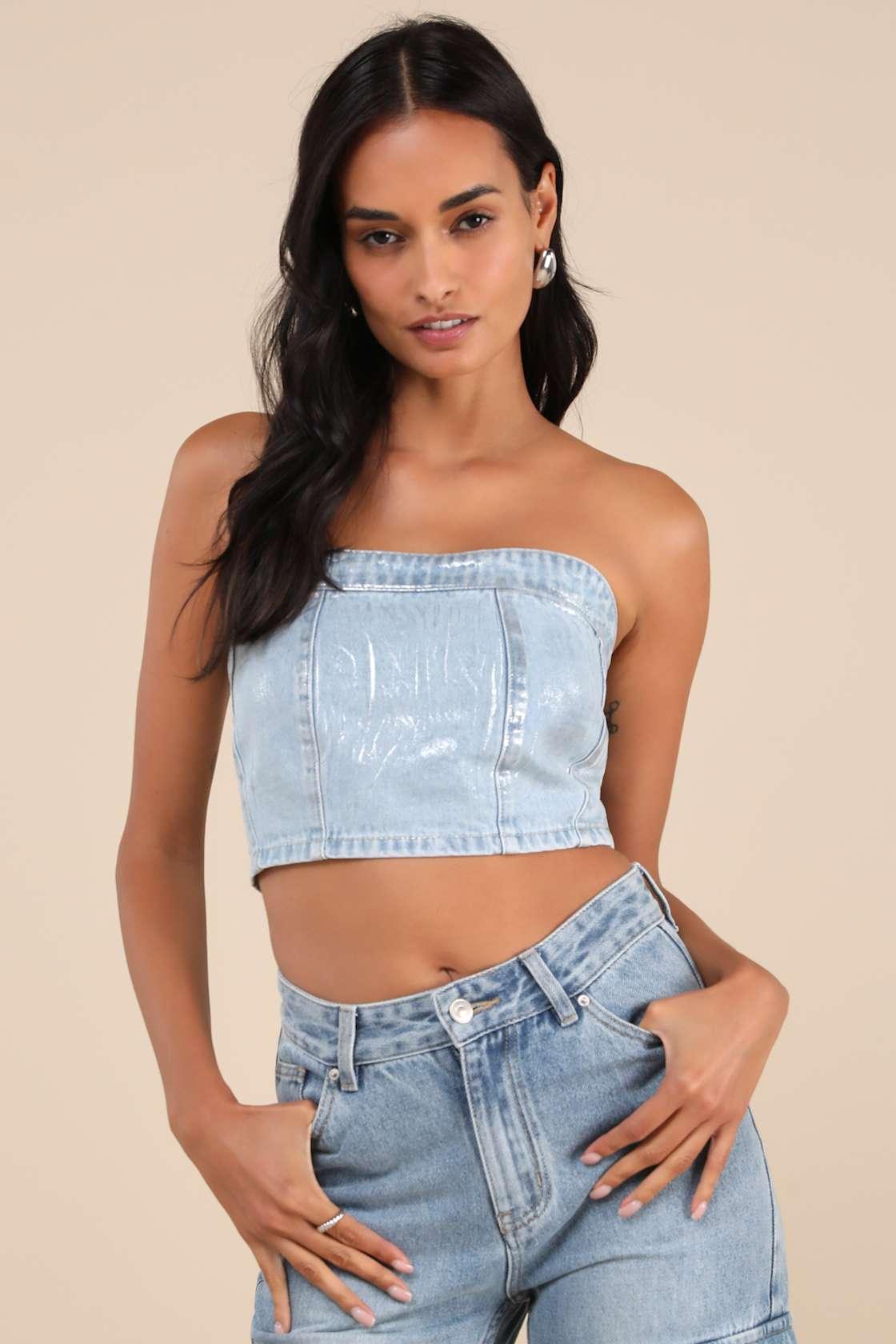 Modern Shine Light Wash Metallic Coated Denim Crop Top Product Image