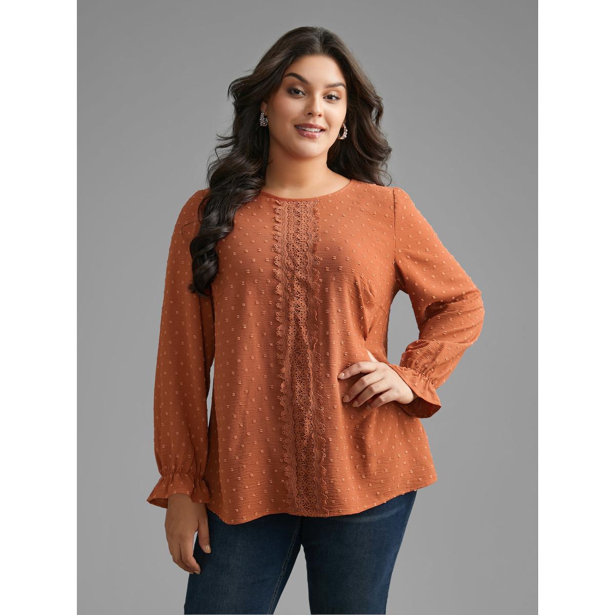 Plus Size Rust Textured Lace Panel Lantern Sleeve Blouse Women Elegant Long Sleeve Round Neck Everyday Blouses BloomChic 30/6X Product Image