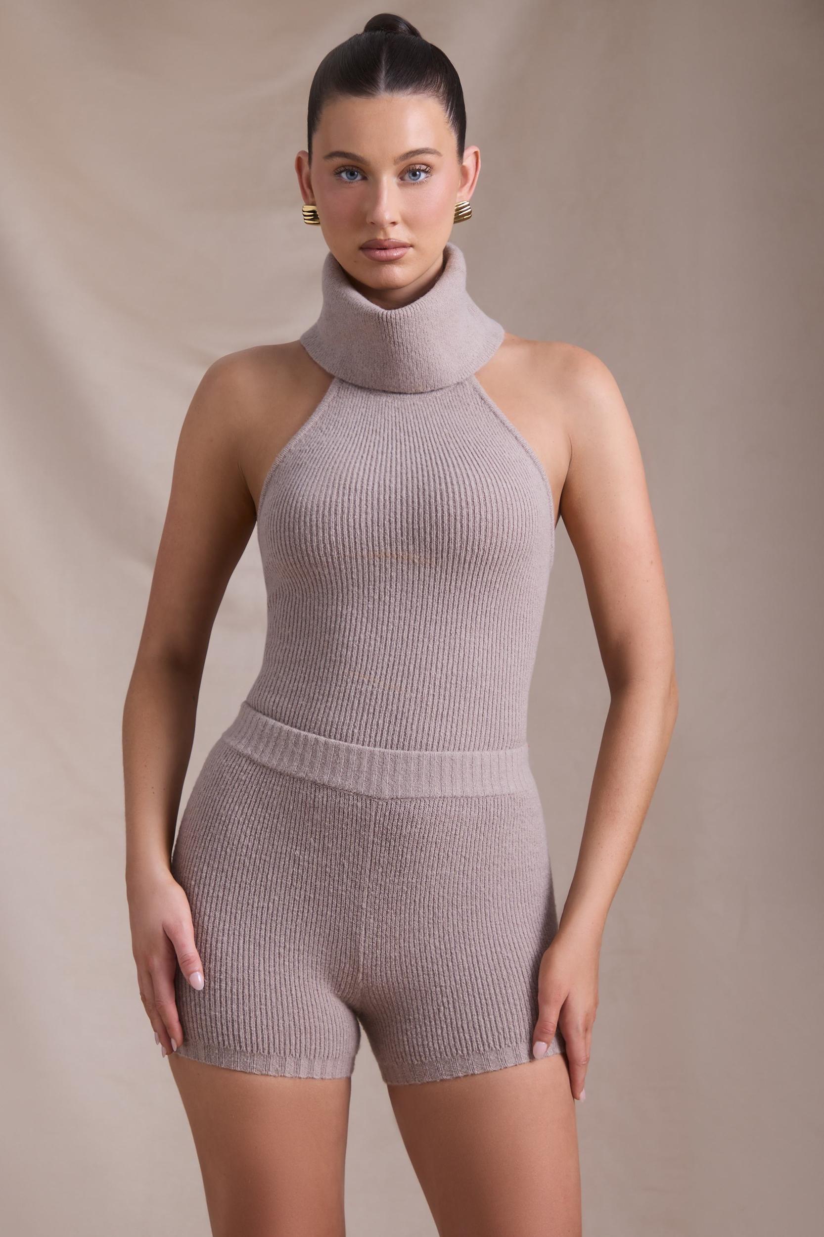 Ribbed-Knit Turtleneck Backless Top in Taupe Product Image