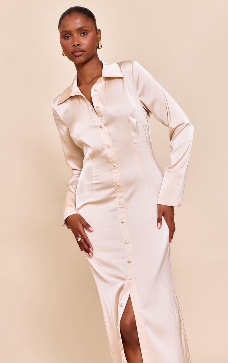 Almond Satin Button Down Midaxi Dress Product Image