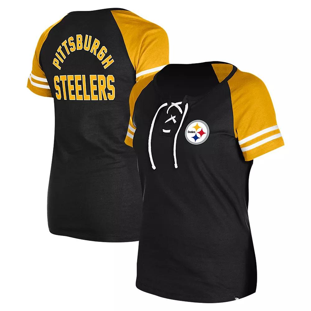 Women's New Era Black Pittsburgh Steelers  Lace-Up Raglan T-Shirt, Size: Small Product Image