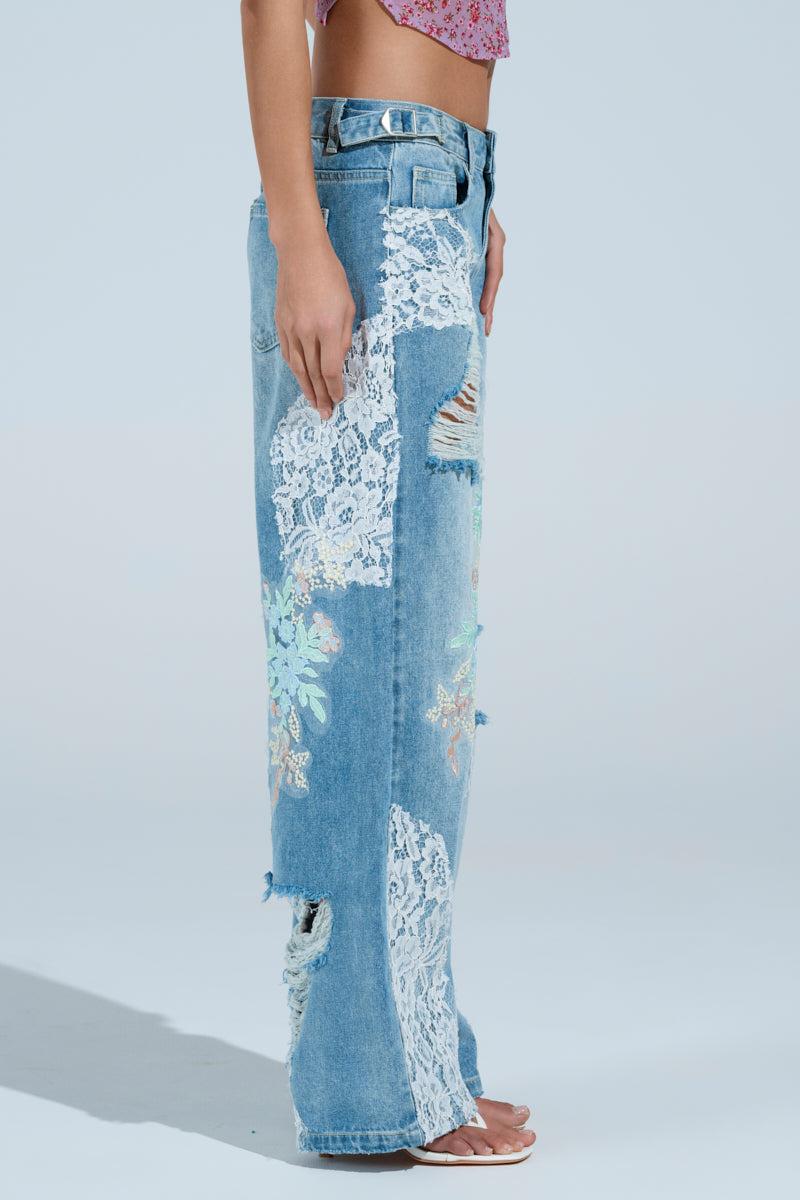 PICKING PETALS FLORAL AND LACE DETAIL DENIM PANTS Product Image