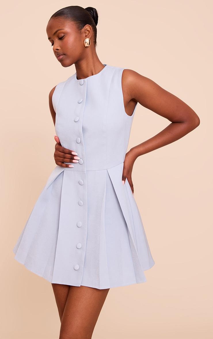 Light Blue Tailored Woven Button Down Pleated Shift Dress Product Image