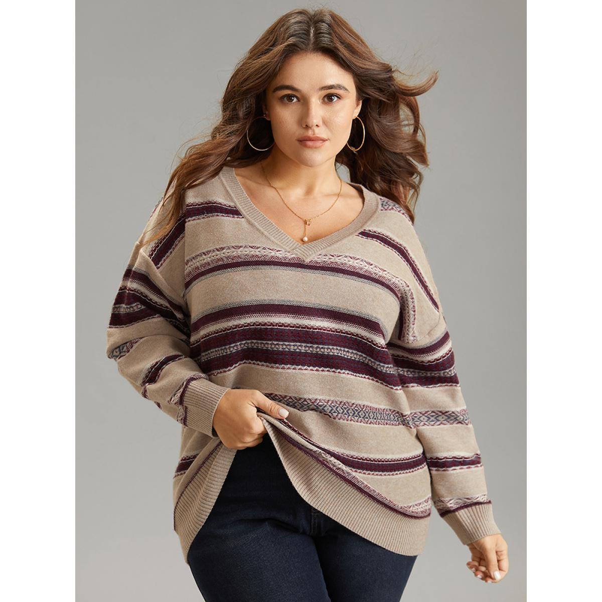 Plus Size Supersoft Essentials Striped Print Drop Shoulder Pullover LightBrown Women Casual Loose Long Sleeve Deep V-neck Everyday Pullovers BloomChic 10/M Product Image