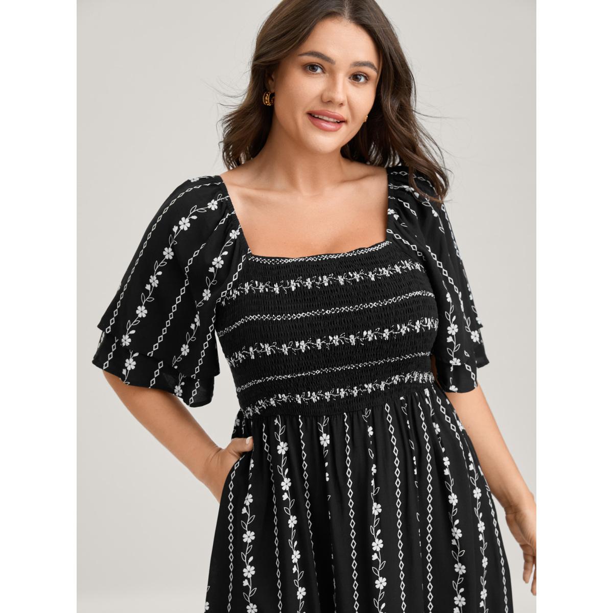 Plus Size Floral Stripes Layered Ruffle Sleeve Midi Dress Black Women Timeless Shirred Square Neck Short sleeve Curvy BloomChic 28/5X Product Image