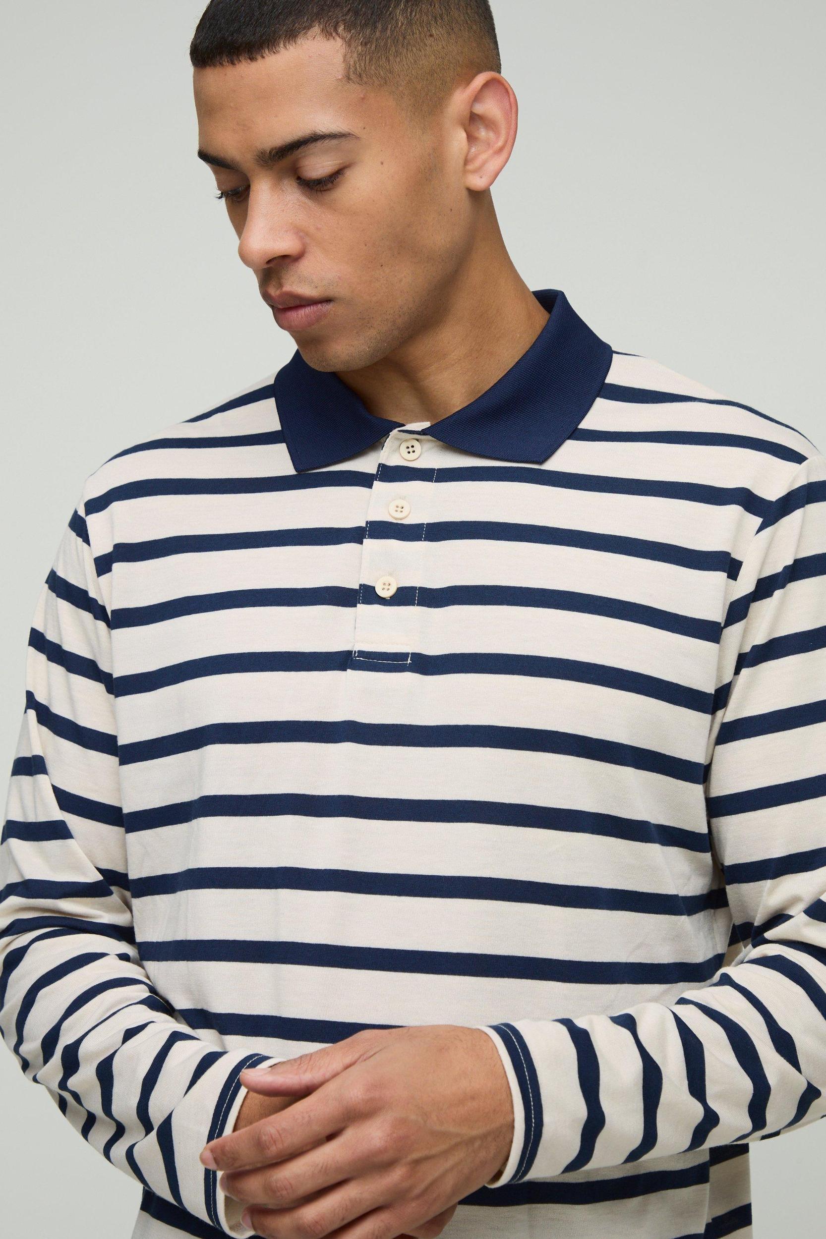 Regular Fit Stripe Long Sleeve Button Rugby Polo | boohooMAN USA Product Image