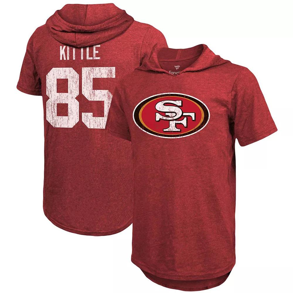 Men's Majestic Threads George Kittle Heathered Scarlet San Francisco 49ers Name & Number Tri-Blend Hoodie T-Shirt, Size: 2XL Product Image