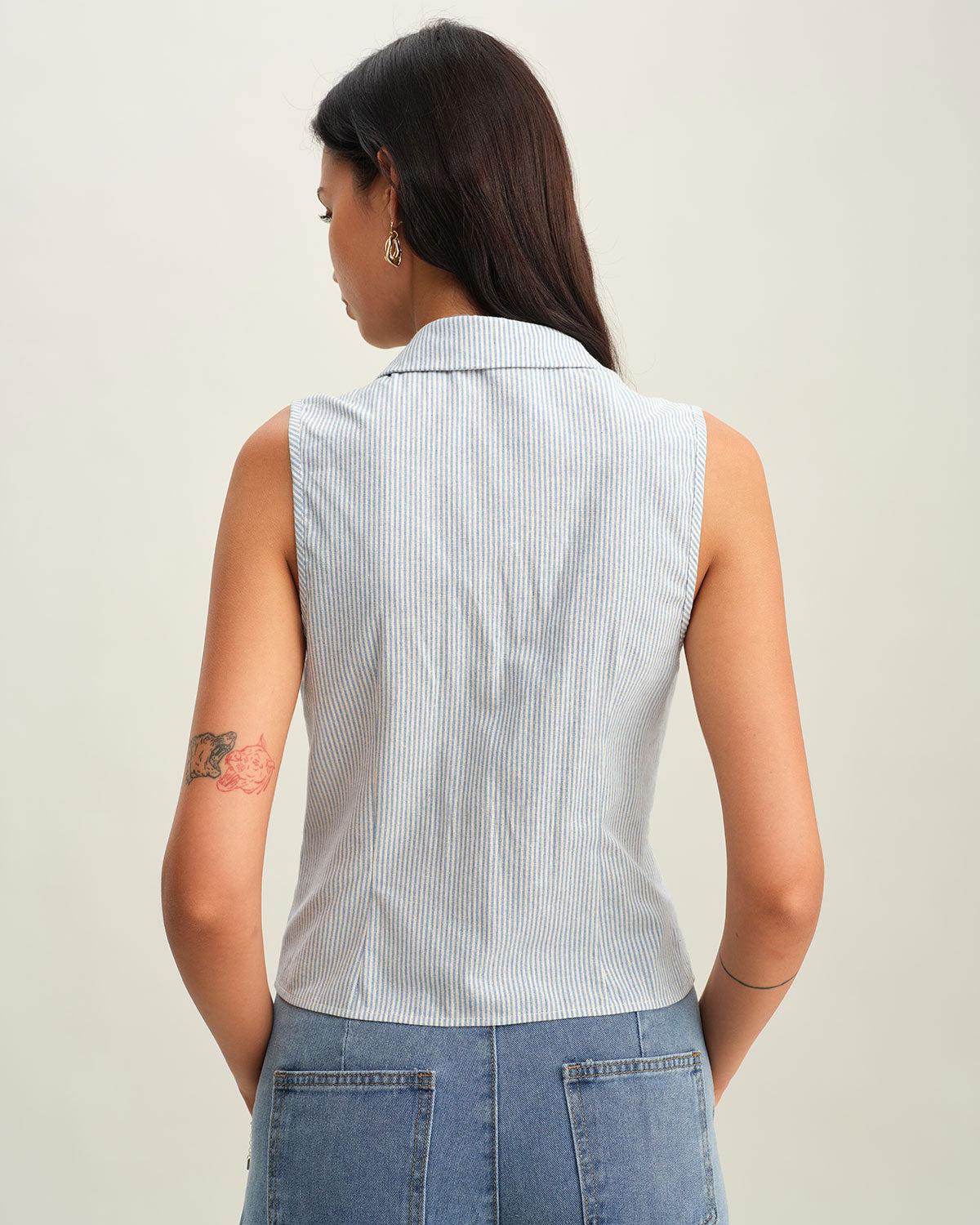 Blue Striped Button Sleeveless Blouse Product Image