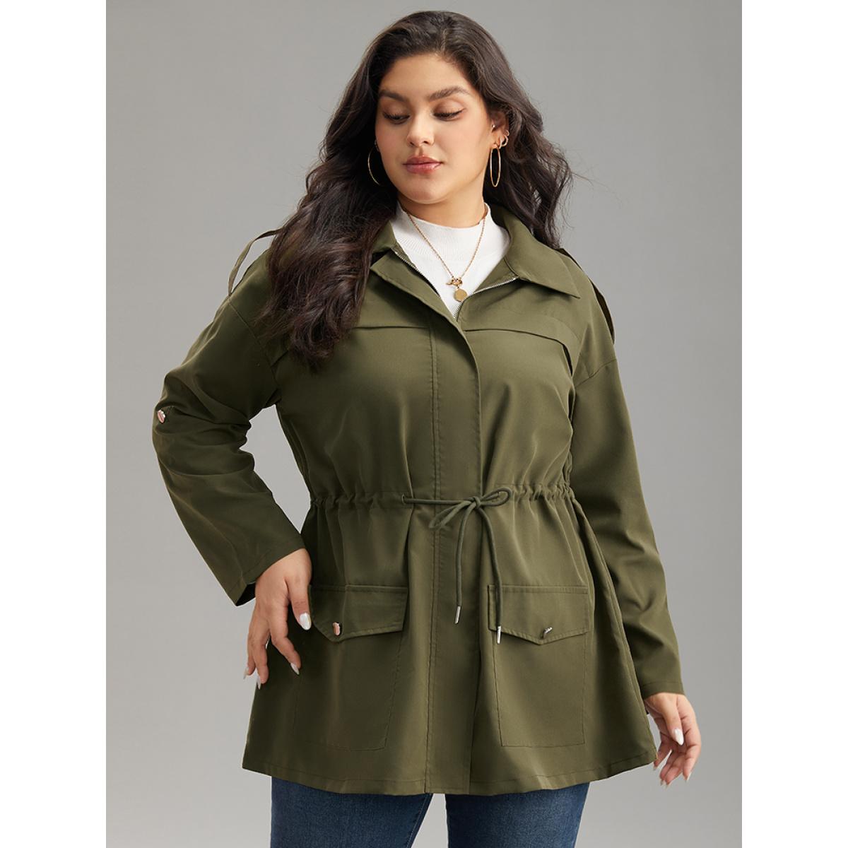 Plus Size Solid Zipper Drawstring Tab Sleeve Trench Coat Women ArmyGreen Casual Plain Ladies Dailywear Winter Coats BloomChic 22-24/3X Product Image