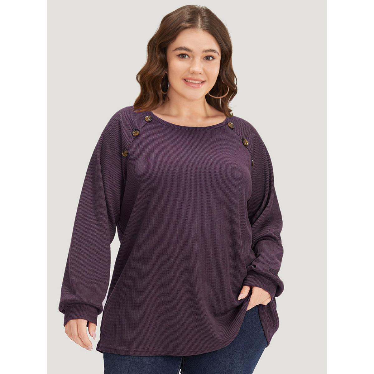 Plus Size Plain Waffle Knit Button Detail Crew Neck Raglan Sleeve T-shirt Purple Women Casual Elastic cuffs Plain Round Neck Dailywear T-shirts BloomChic 12/L Product Image
