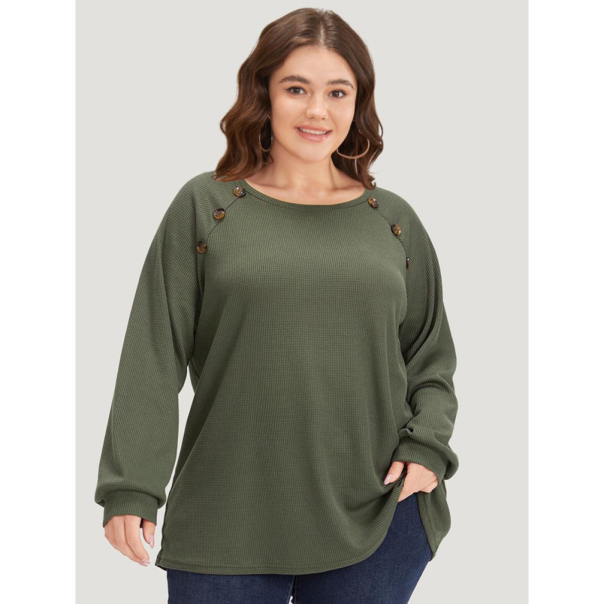 Plus Size Plain Waffle Knit Button Detail Crew Neck Raglan Sleeve T-shirt ArmyGreen Women Casual Elastic cuffs Plain Round Neck Dailywear T-shirts BloomChic 26/4X Product Image
