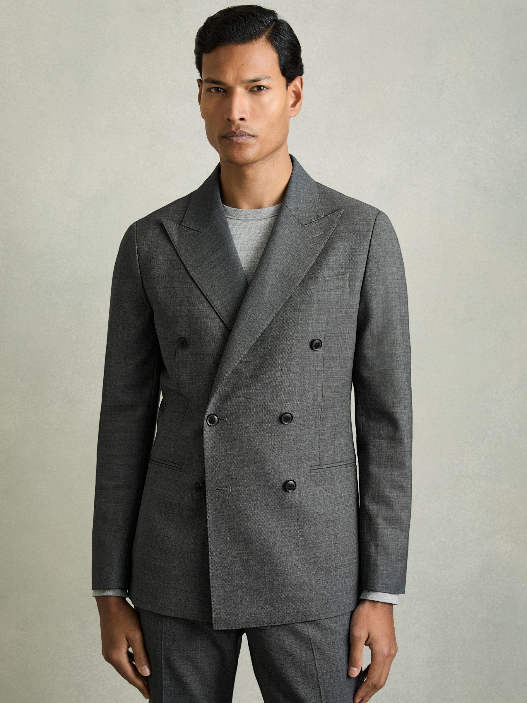 Regular-Fit Double-Breasted Sharkskin Wool-Blend Suit Blazer in Charcoal Grey Product Image