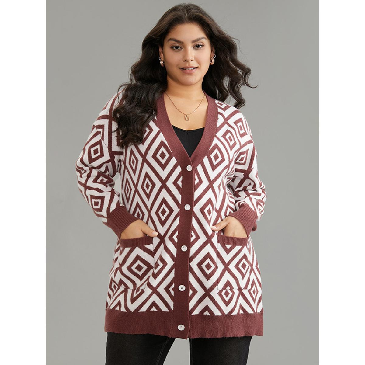 Plus Size Supersoft Essentials Geometric Button Through Cardigan Maroon Women Casual Loose Long Sleeve Dailywear Cardigans BloomChic 18-20/2X Product Image