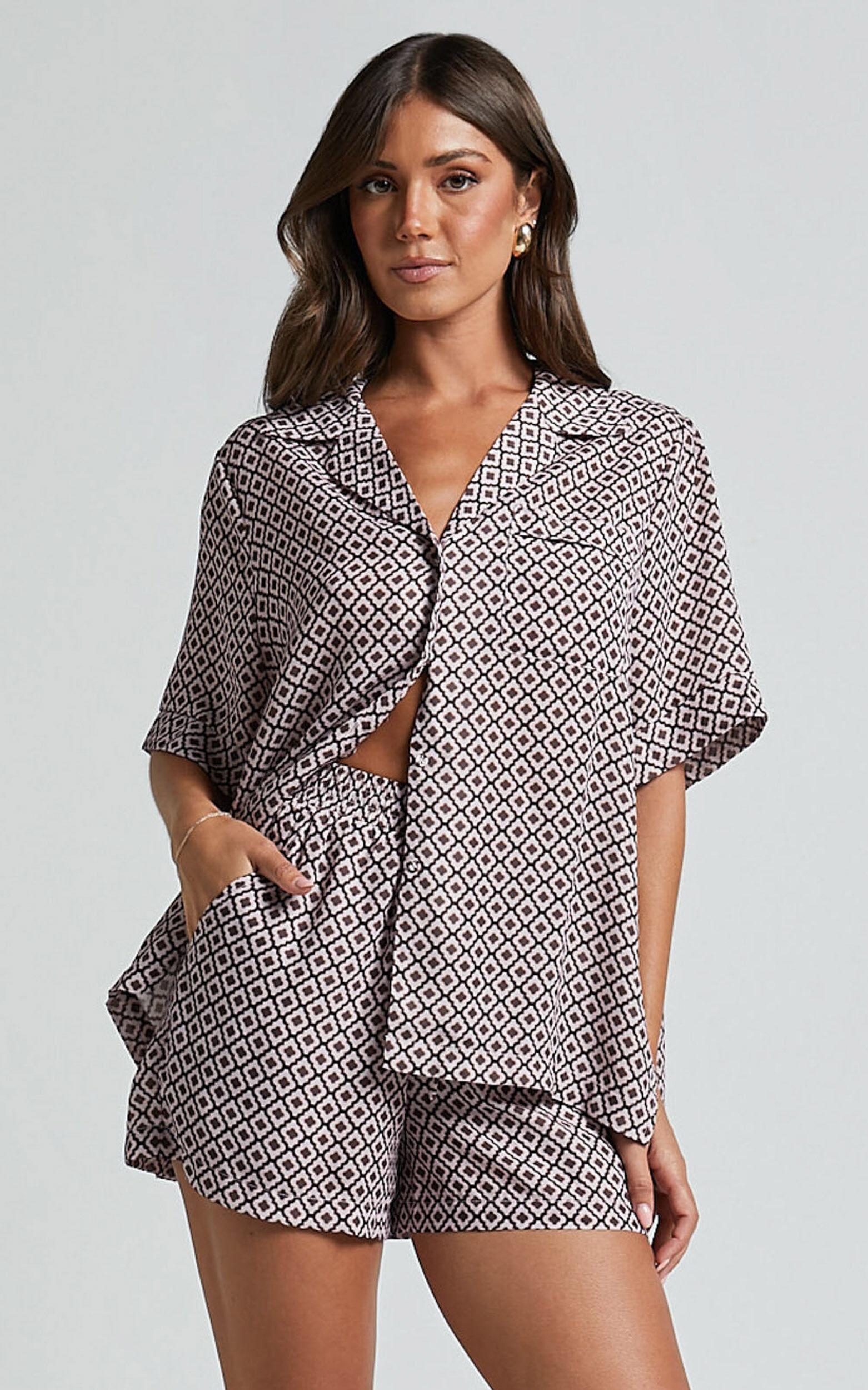 Brunita Shorts - High Waisted Tie Shorts in Moroccan Geo print Product Image