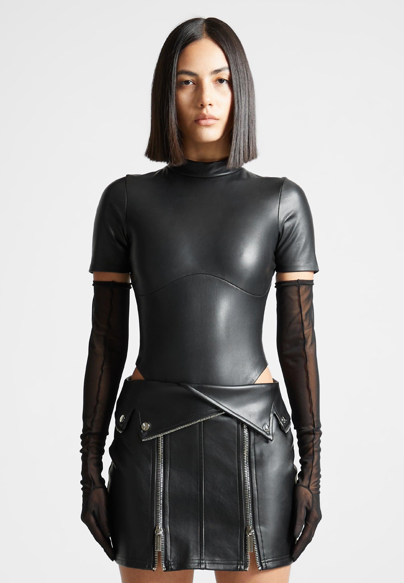 Leather Bodysuit with Mesh Gloves - Black Female Product Image