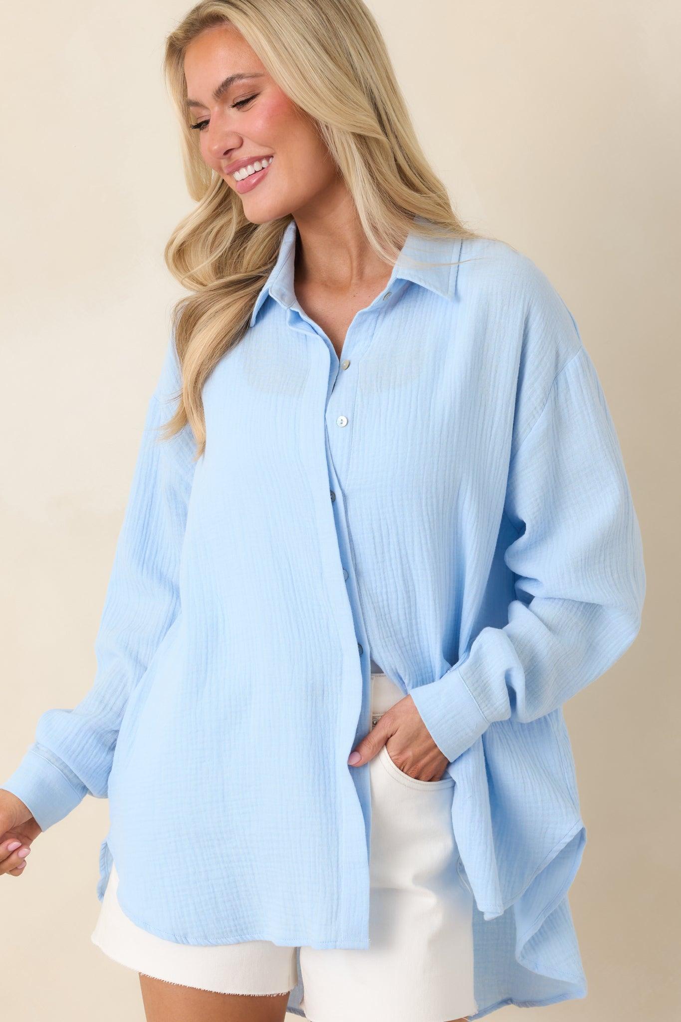 Paradisa Naples Oceana Blue Cotton Button-Up Top Product Image