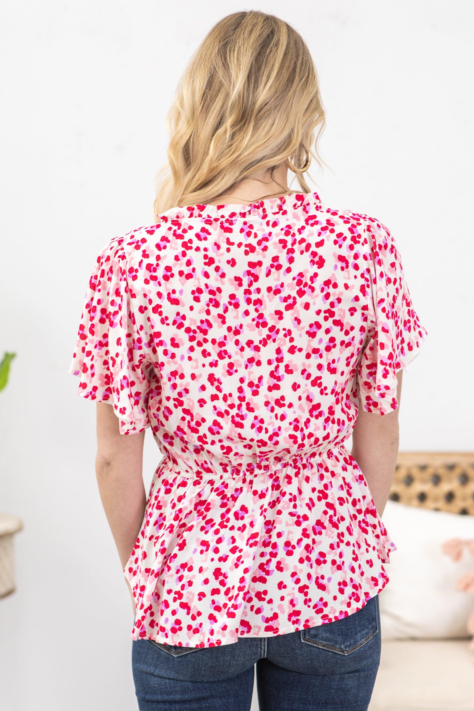 Raspberry Dot Print Cinch Waist Woven Top Product Image