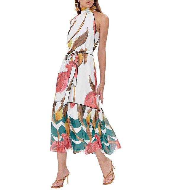 Adelyn Rae Woven Floral Print Halter Neck Sleeveless Belted Waist Tie Blouson Midi Dress Product Image
