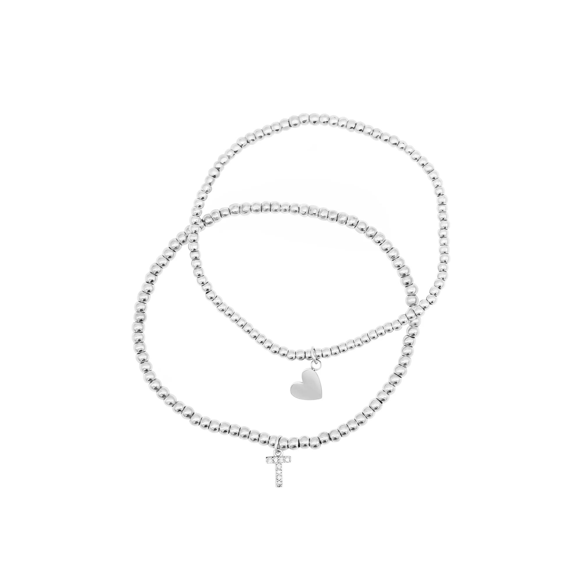 Adornia Silver Tone Mini Cubic Zirconia Initial Stretch Bracelet Set, Women's, Size: 7", Silver Tone T Product Image