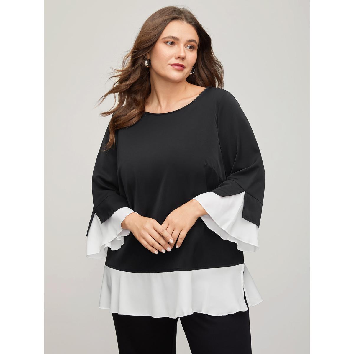 Plus Size Black Contrast Patchwork Bell Sleeve Blouse Women Romantic Elbow-length sleeve Round Neck Elegant Blouses BloomChic 10/M Product Image