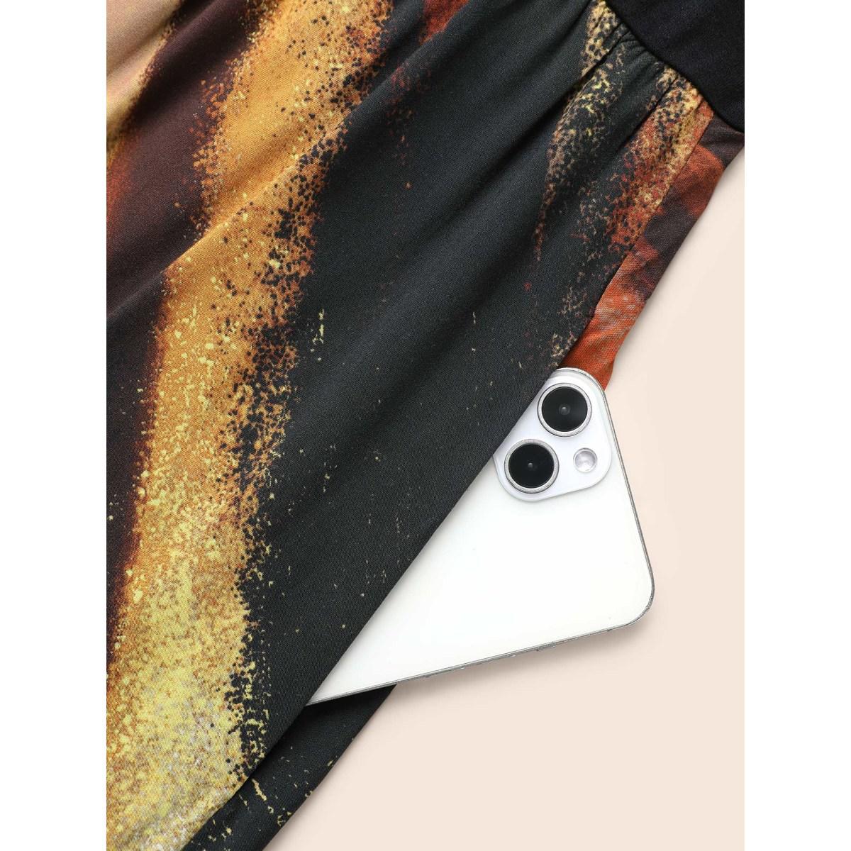 Plus Size V Neck Brush Print Patchwork Dress Black Women At the Office Patchwork V-neck Long Sleeve Curvy BloomChic 14-16/1X Product Image