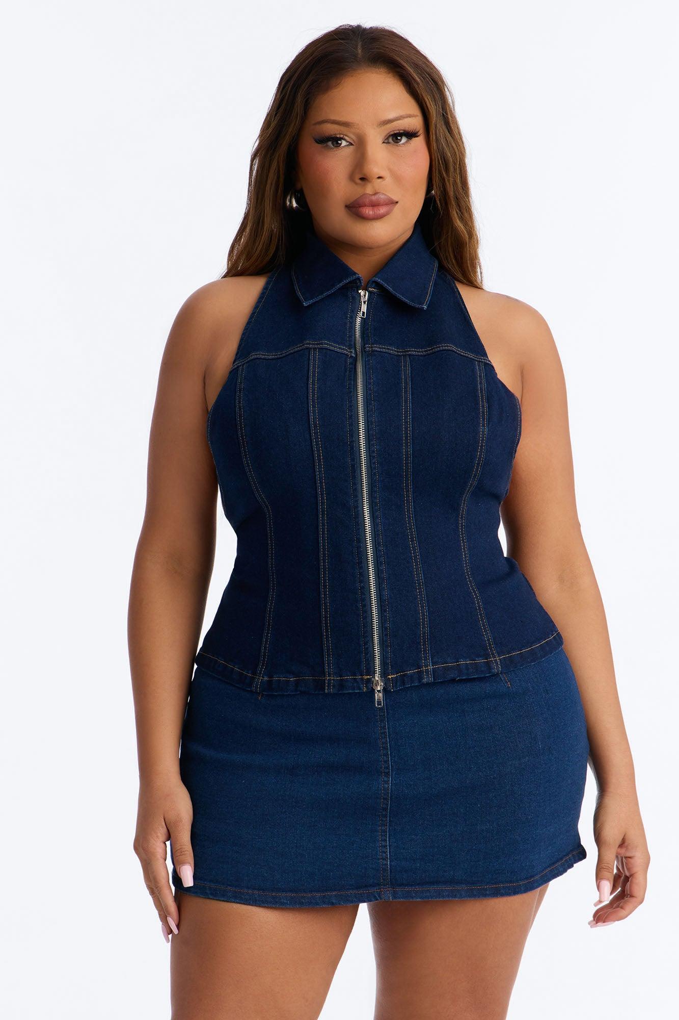 Street Smart Front Zip Denim Halter Top - Dark Wash Female Product Image