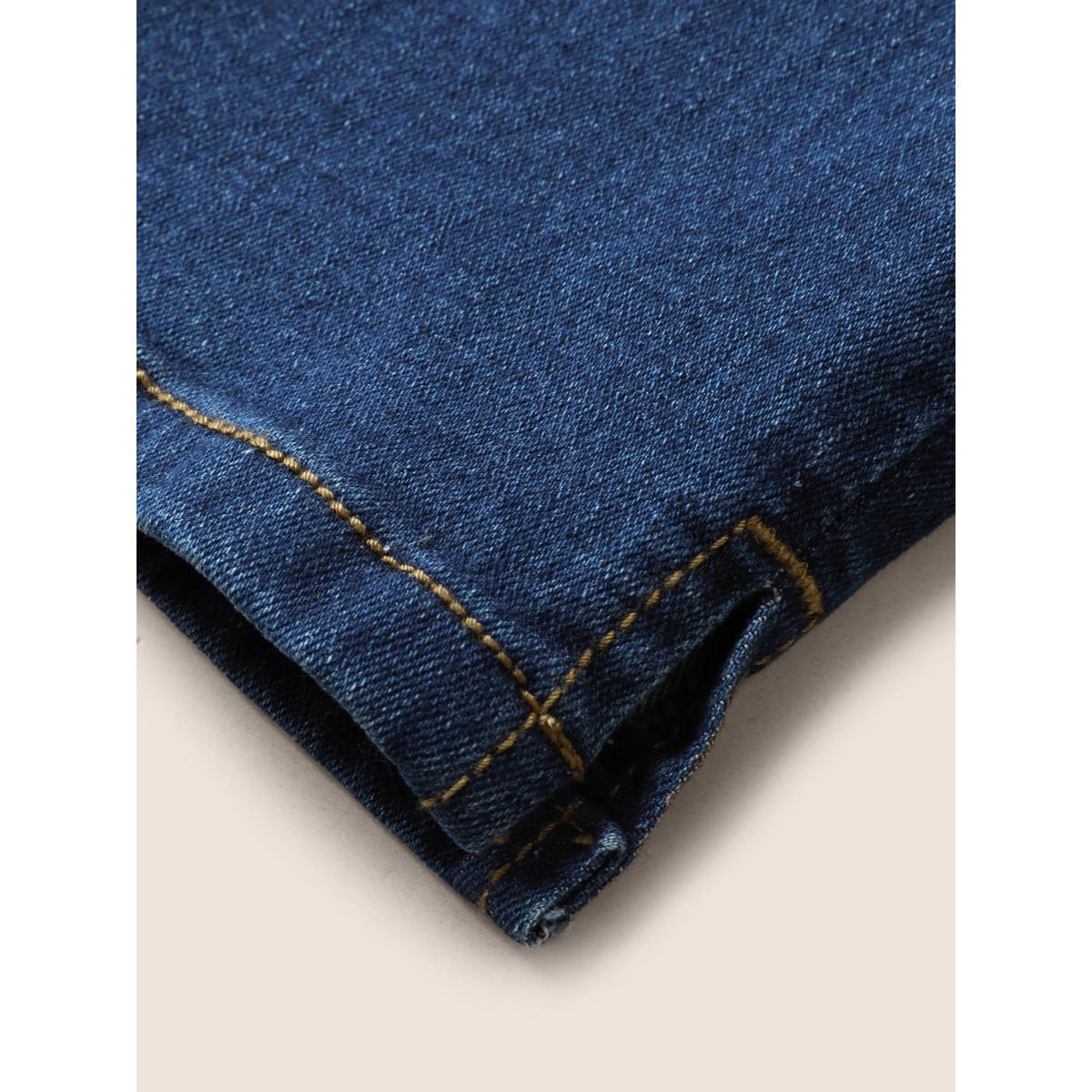 Plus Size Dark Wash Elastic Waist Split Side Jeans Women Blue Casual Slit High stretch Slanted pocket Jeans BloomChic 24/3X Product Image