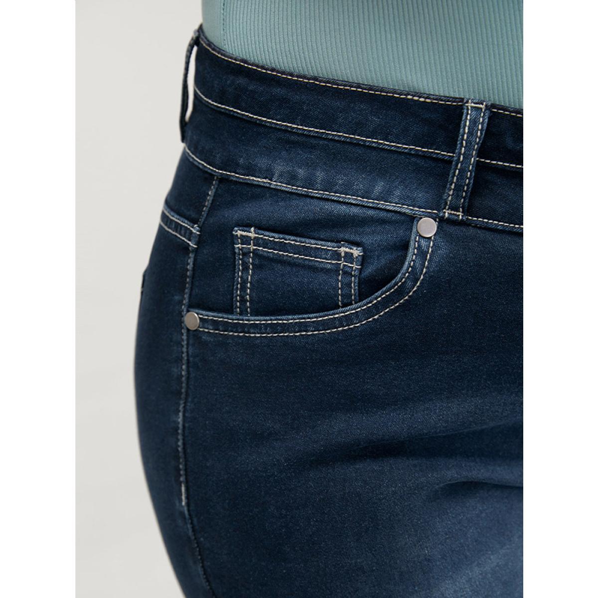 Plus Size Very Stretchy High Rise Dark Wash Contrast Stitching Jeans Women DarkBlue Casual Plain High stretch Pocket Jeans BloomChic 10/M Product Image