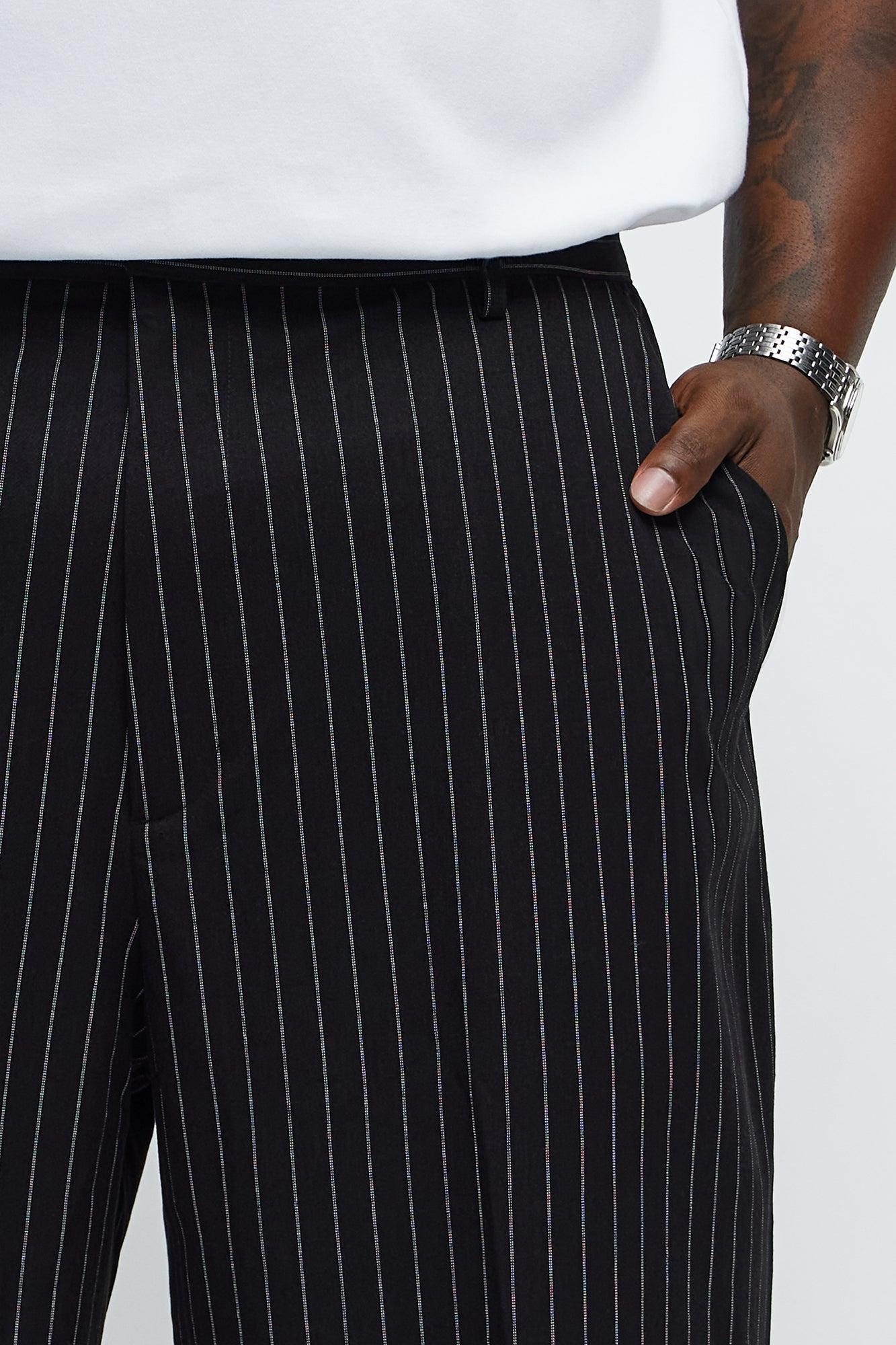 Wide Leg Straight Striped Trousers - Black Product Image