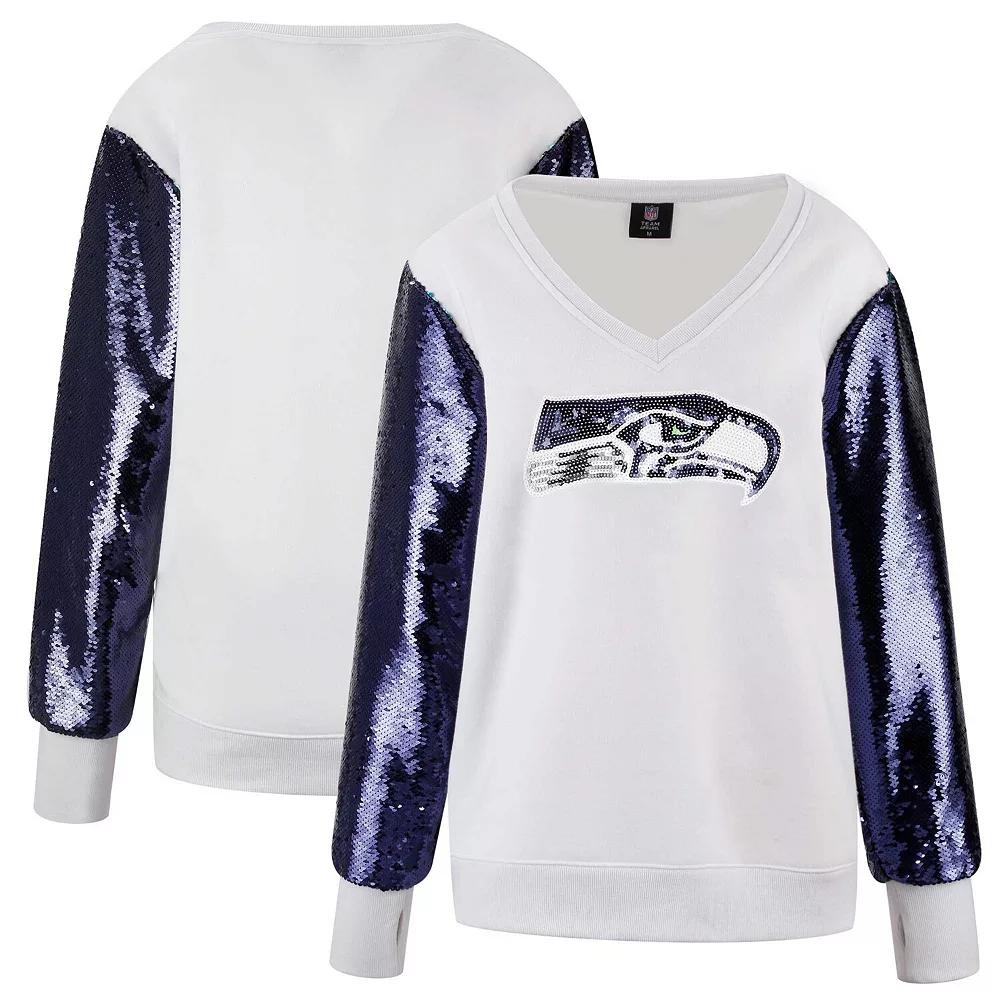 Women's Cuce White Seattle Seahawks Sequin Sleeve V-Neck Pullover Sweatshirt, Size: Large Product Image