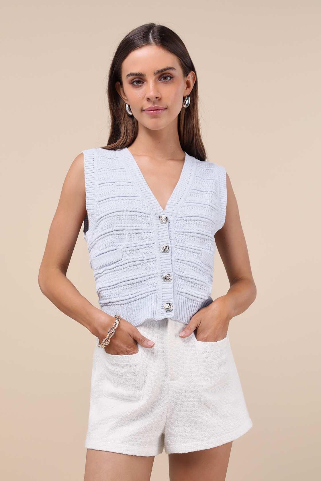 Delightfully Posh Light Blue Button-Front Sweater Vest Top Product Image