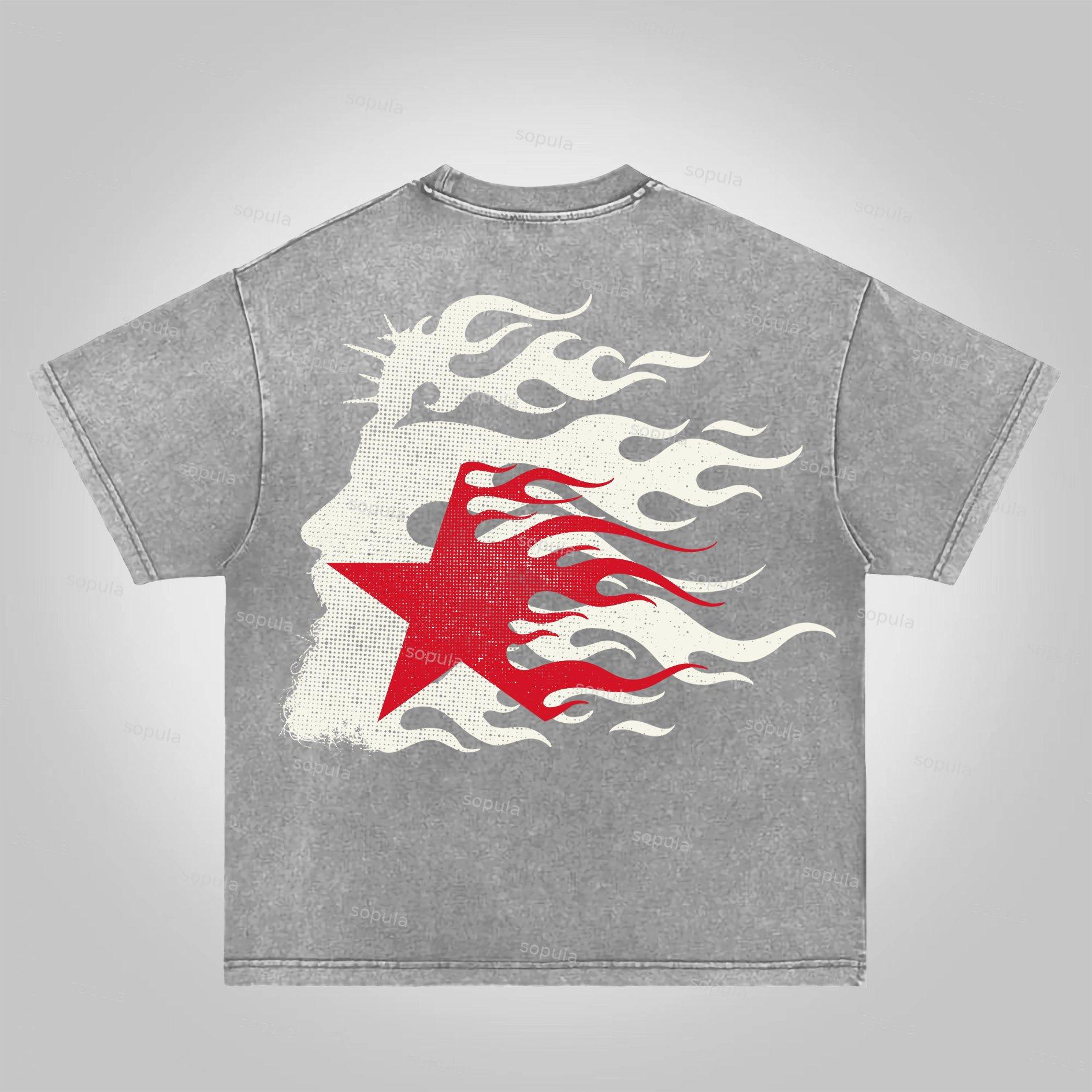 Fashionable Retro Flame Jesus Silhouette Network Acid Wash T-shirt Product Image