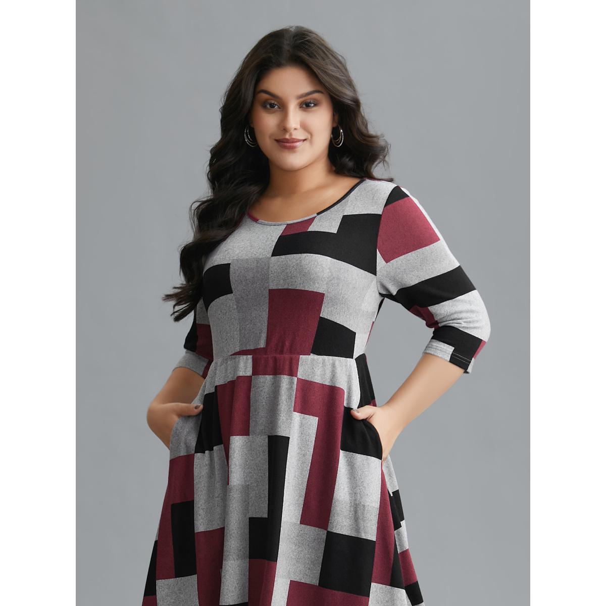 Plus Size Geometric Print Asymmetrical Hem Midi Dress Multicolor Women Casual Contrast Knit Dresses Bloomchic 10/M Product Image