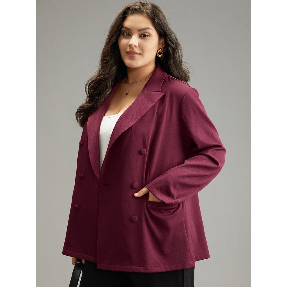 Plus Size Solid Double Breasted Pocket Blazer Burgundy Women Work Plain Plain Sleeve Long Sleeve Suit Collar 26/4X Pocket Office Blazers BloomChic Product Image