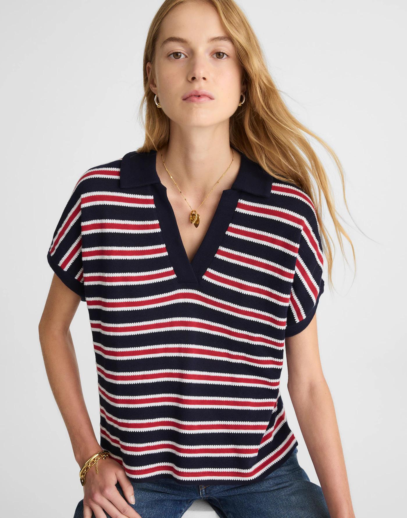 Relaxed V-Neck Polo Shirt in Stripe Product Image