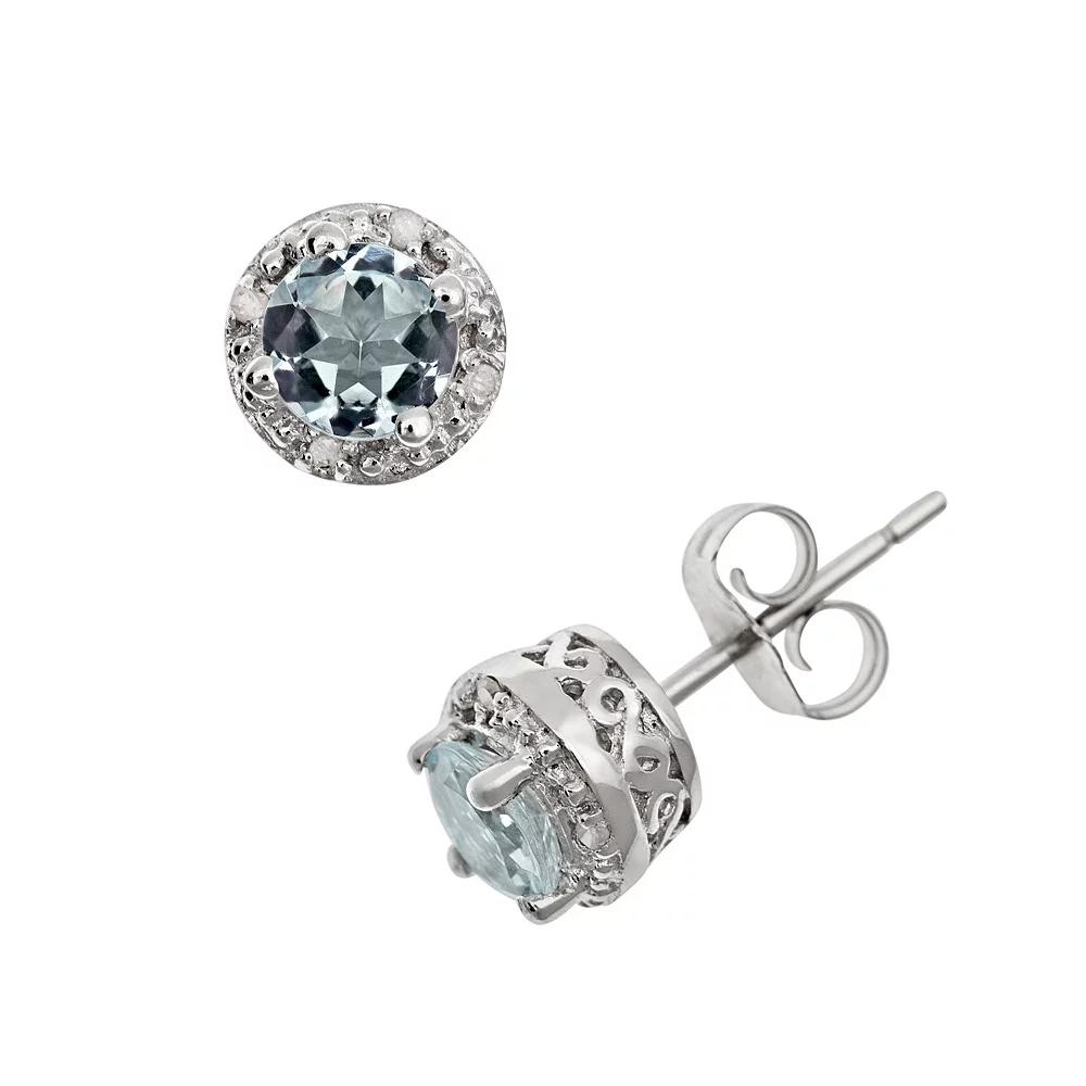 Celebration Gems Sterling Silver Aquamarine and Diamond Accent Frame Stud Earrings, Women's Product Image