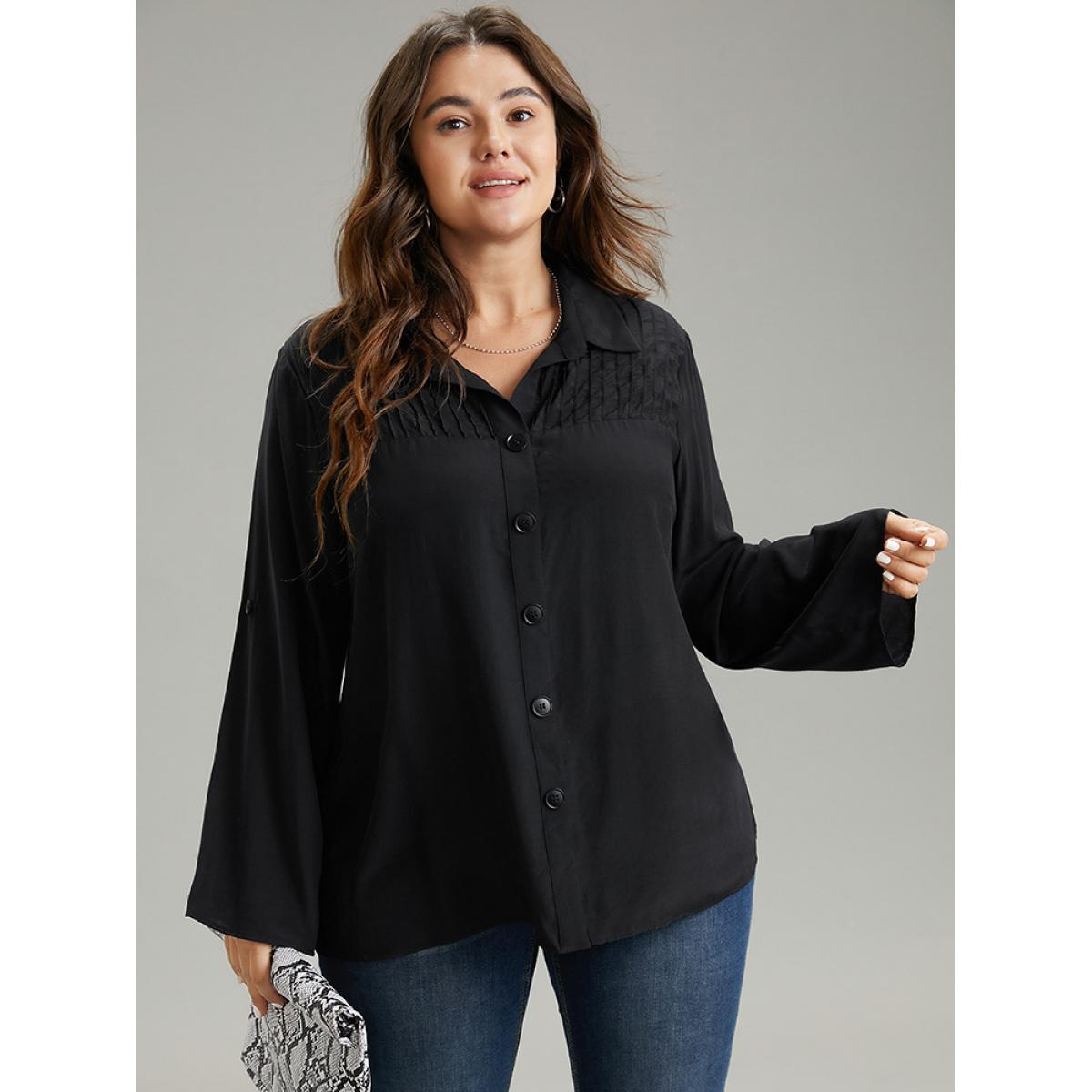 Plus Size Black Solid Button Through Roll Tab Sleeve Blouse Women Office Long Sleeve Shirt collar Work Blouses BloomChic 12/L Product Image