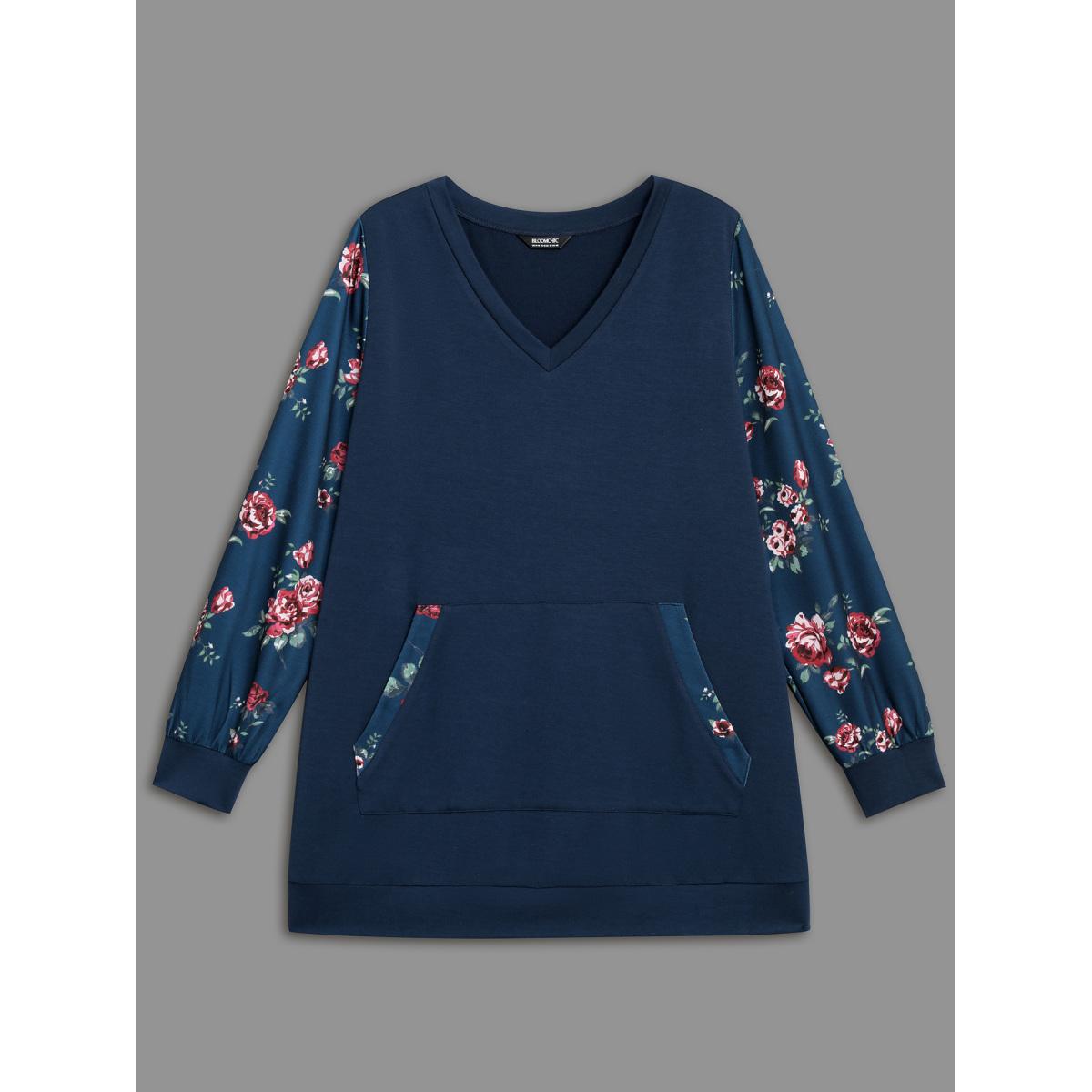 Plus Size Ditsy Floral Patchwork Kangaroo Pocket Sweatshirt Women Midnight Casual Contrast V-neck Everyday Sweatshirts BloomChic 28/5X Product Image