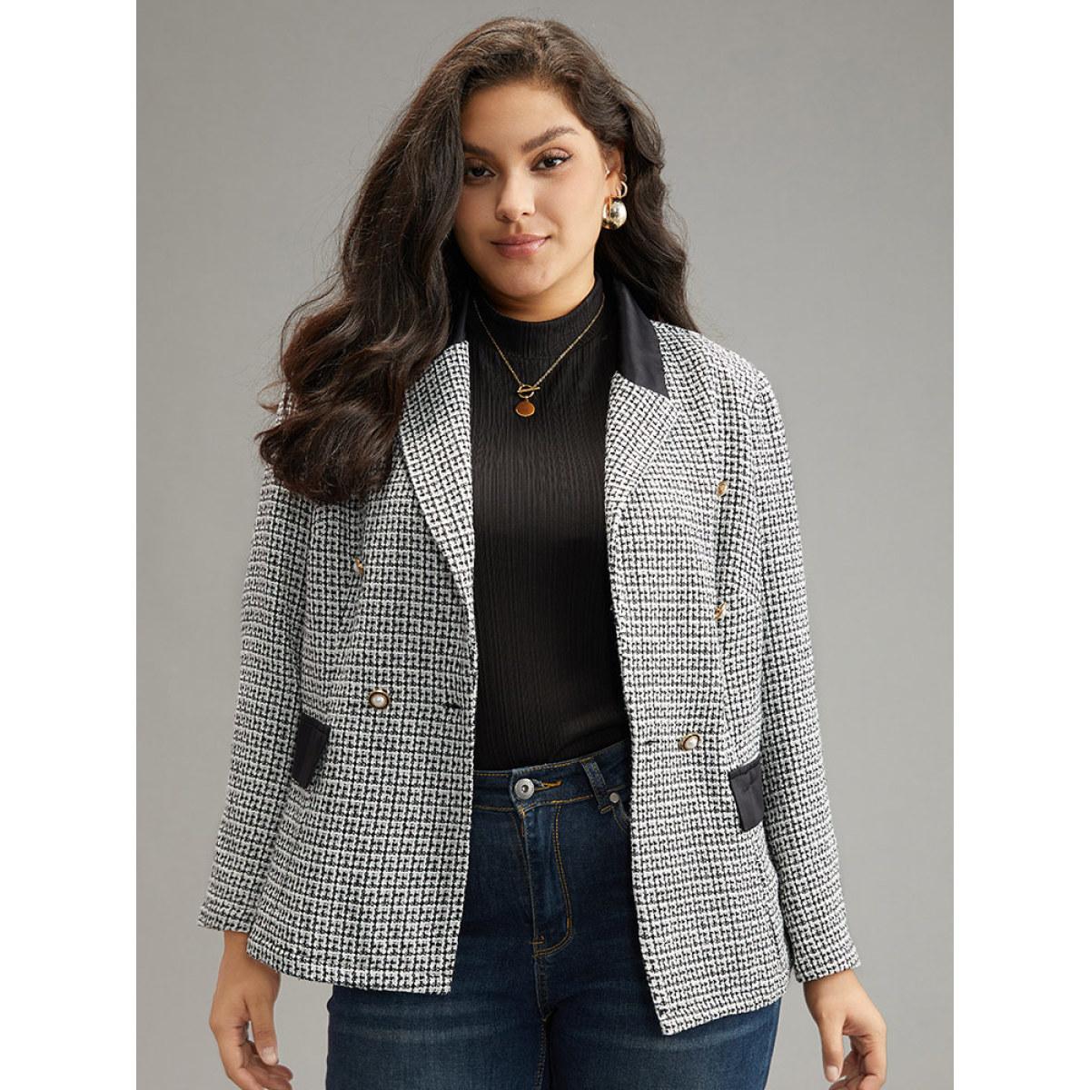 Plus Size Houndstooth Lapel Collar Button Detail Blazer Black Women Work Houndstooth Contrast Sleeve Long Sleeve Lapel Collar 18-20/2X At the Office Blazers BloomChic Product Image