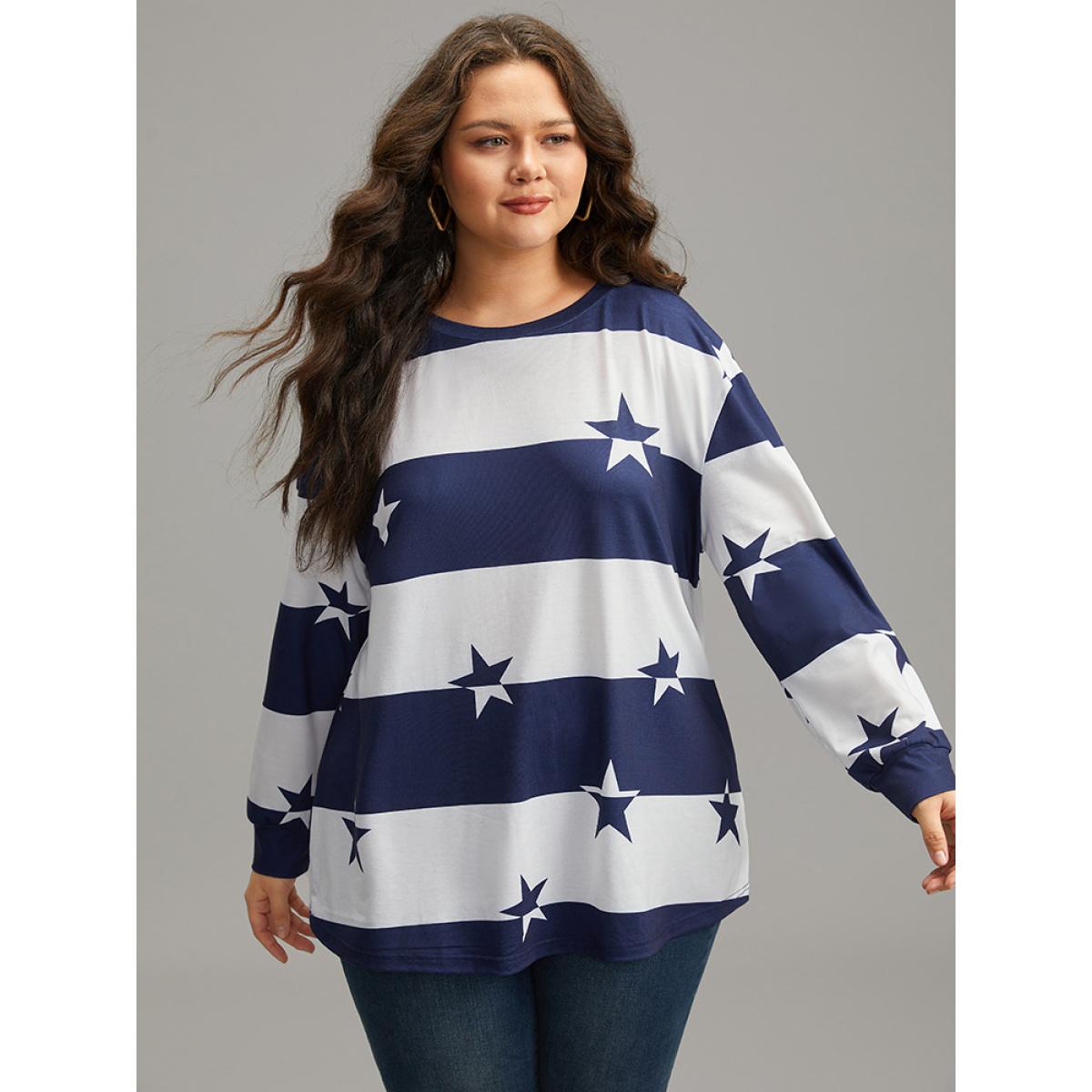 Plus Size Striped & Star Contrast Crew Neck T-shirt Blue Women Casual Contrast Moon and Star Round Neck Dailywear T-shirts BloomChic 10/M Product Image