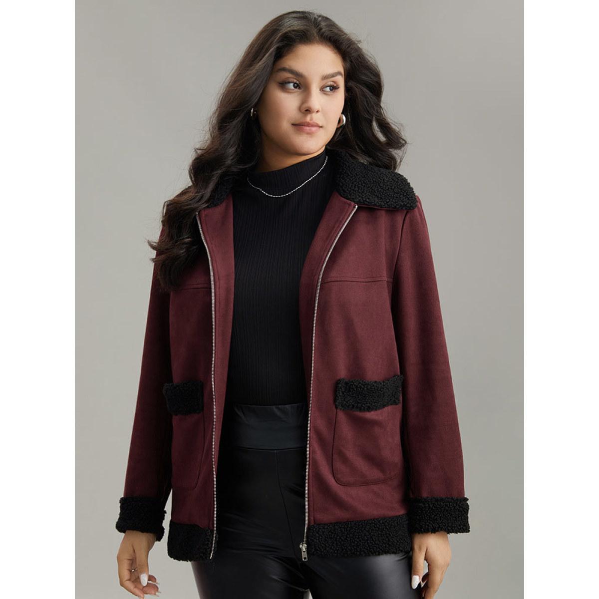 Plus Size Fuzzy Trim Patched Pocket Zipper Jacket Women Burgundy Contrast Pocket Dailywear Jackets BloomChic 30/6X Product Image