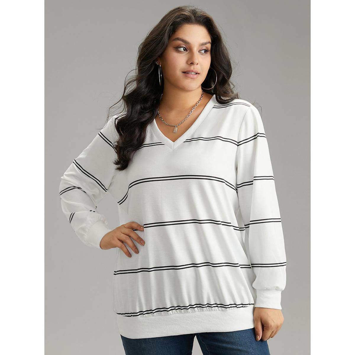Plus Size Rib Knit Striped V Neck Sweatshirt Women White Casual Rib Knit V-neck Dailywear Sweatshirts BloomChic 14-16/1X Product Image