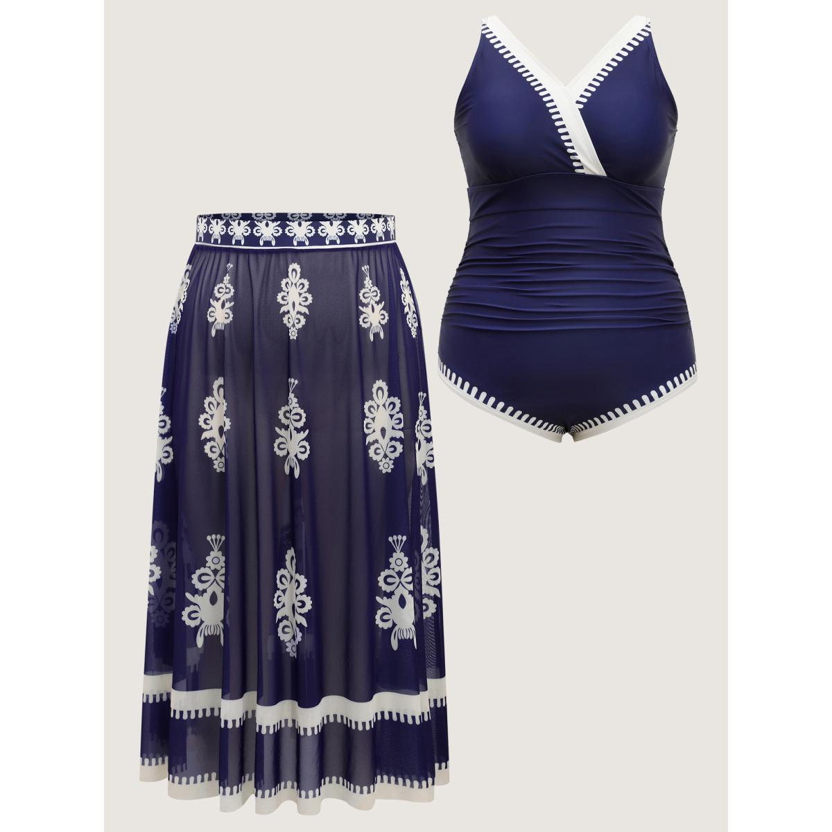 Plus Size Two-Piece Boho Print Sarong Swimsuit Women's Swimwear Indigo Resort Contrast Curve Bathing Suits High stretch One Pieces BloomChic 26/4X Product Image