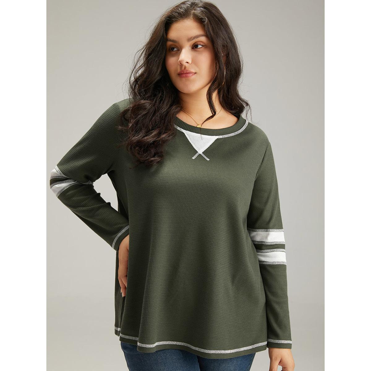 Plus Size Waffle Knit Striped Contrast Stitch T-shirt Green Women Casual Contrast Striped Round Neck Dailywear T-shirts BloomChic 26/4X Product Image